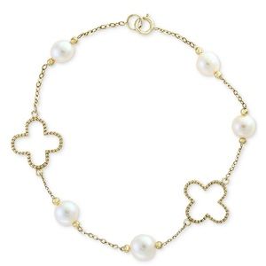 White Cultured Freshwater Pearl (6mm) Flower Bracelet in 14k Gold